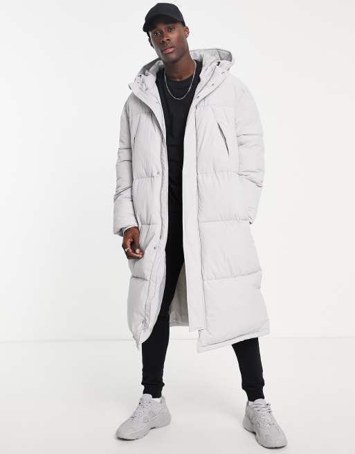 Topman - Extra lange pufferjas met capuchon in grijs