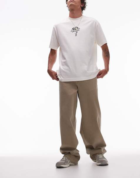 Topman extra wide leg twill trousers in stone - view 1