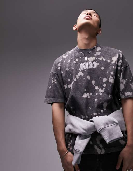 Topman - Extreem oversized T-shirt met Kiss-bandprint in zwarte wassing
