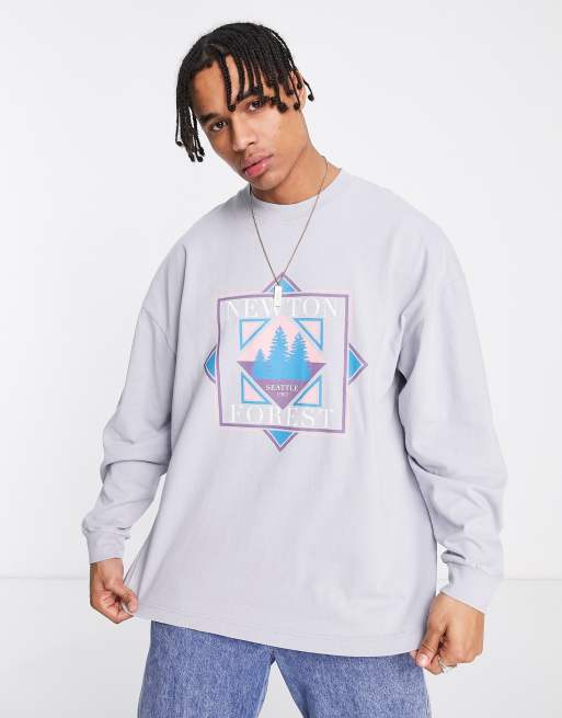 Topman - Extreem oversized T-shirt met lange mouwen en Newton-print in blauw met wassing 