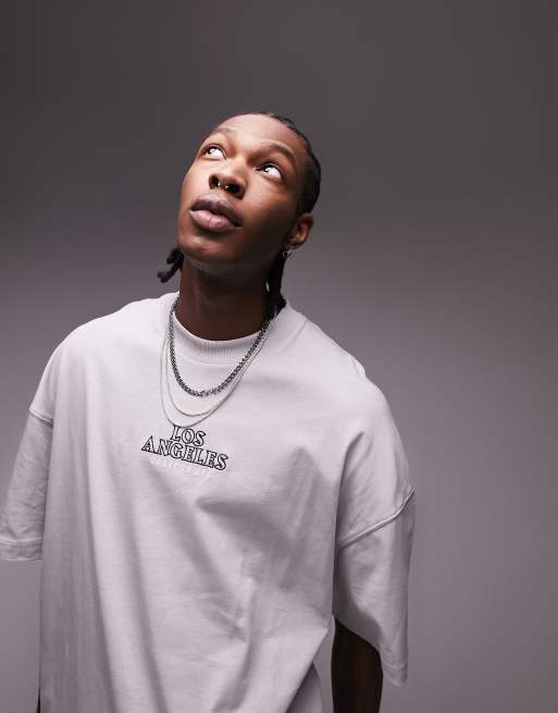 Topman - Extreem oversized T-shirt met 'Los Angeles' borduursel in lichtgrijs 