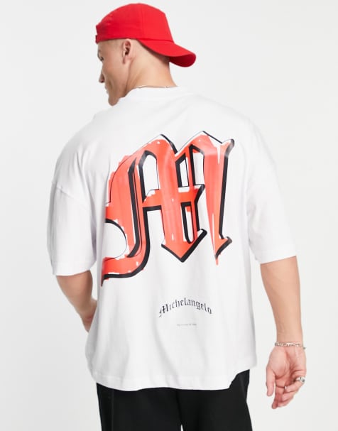 Topman - Extreem oversized T-shirt met 'Michelangelo'- en tekstprint op de voor- en achterkant in wit - view 1