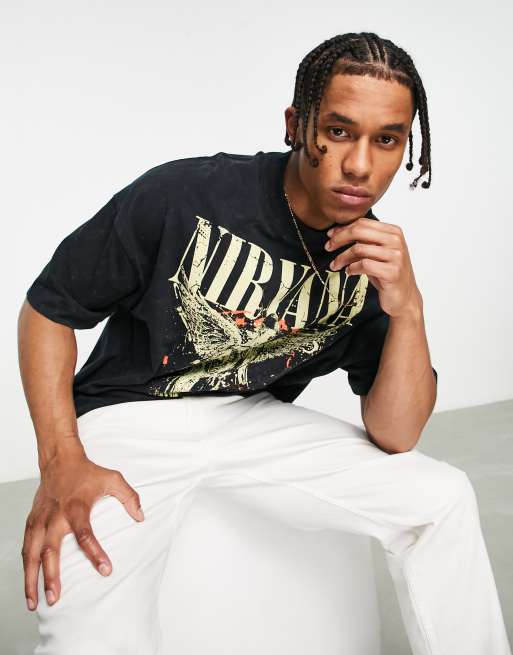 Topman - Extreem oversized T-shirt met 'Nirvana' print met engel in verwassen zwart, 4 van 4