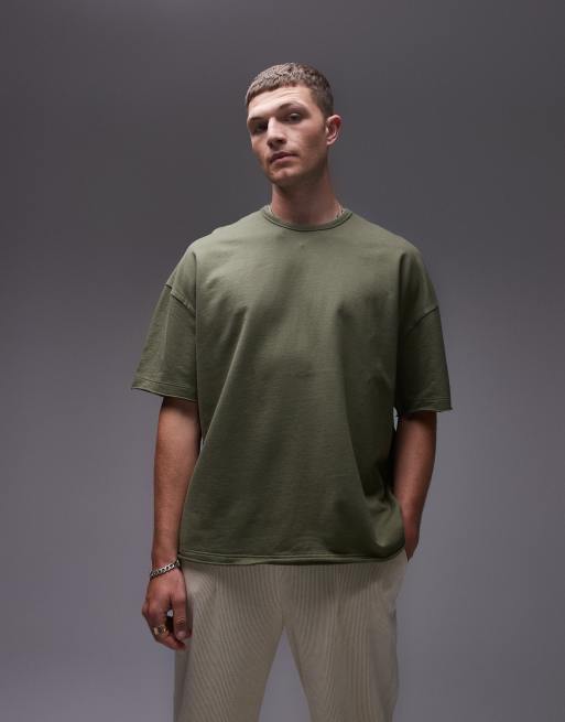 Topman - Extreem oversized T-shirt met onafgewerkte mouw en zoom in kaki met wassing