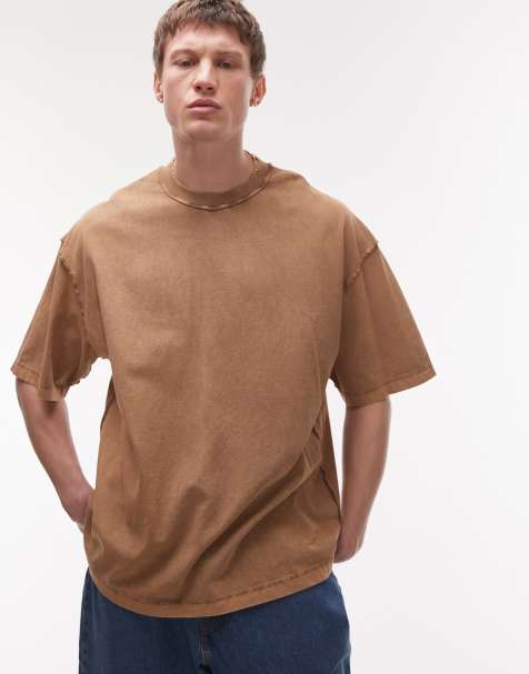 Topman - Extreem oversized T-shirt met onafgewerkte siernaden in bruin met wassing - view 1