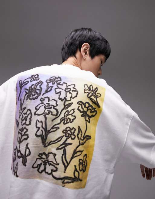 Topman - Extreem oversized T-shirt met pastelkleurige bloemenprint op de voor- en achterkant in wit