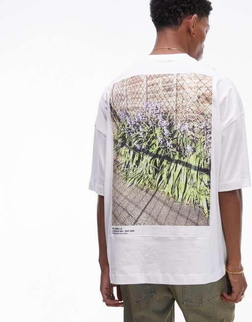 Topman - Extreem oversized T-shirt met patch en print van blauwe klokjes op de voor- en achterkant in wit