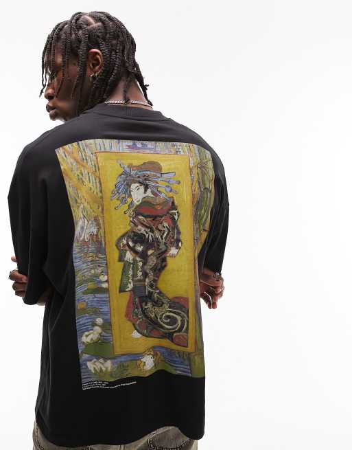 Topman - Extreem oversized T-shirt met print van Van Gogh's 'Courtisane' op voor- en achterkant in zwart