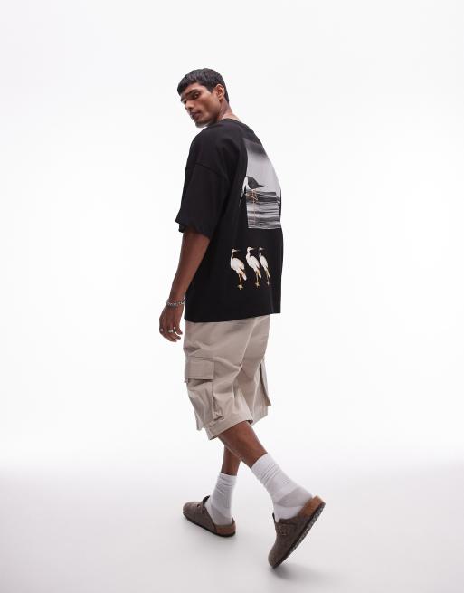 Topman - Extreem oversized T-shirt met print van vogels op een rijtje op de voor- en achterkant in zwart