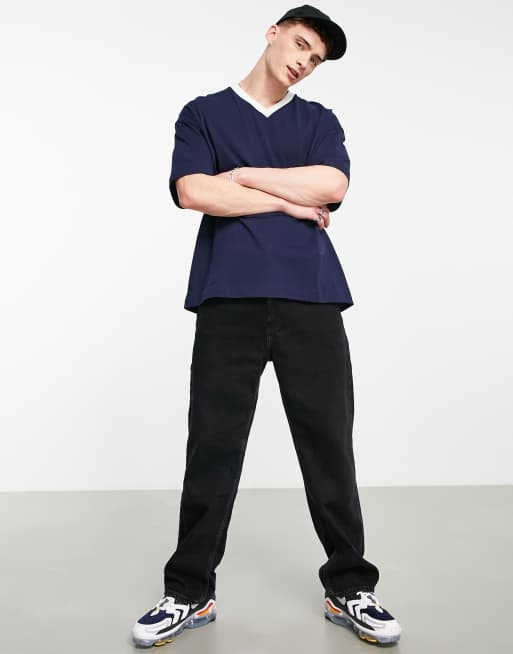Topman - Extreem oversized T-shirt met V-hals in marineblauw 