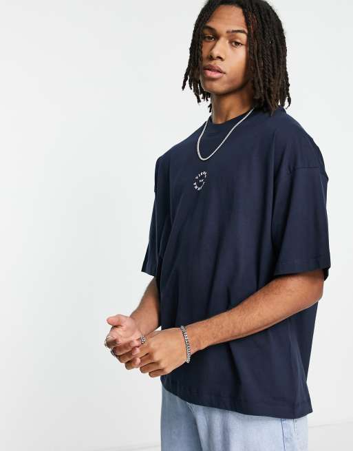 Topman - Extreem oversized T-shirt met 'Vienna'-print met reliëf in marineblauw , 2 van 4