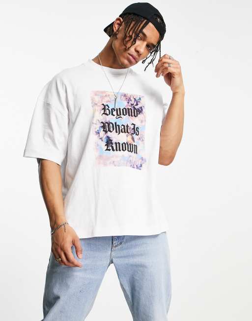 Topman - Extreem oversized T-shirt met vierkante print met bloemen en tekst in wit 
