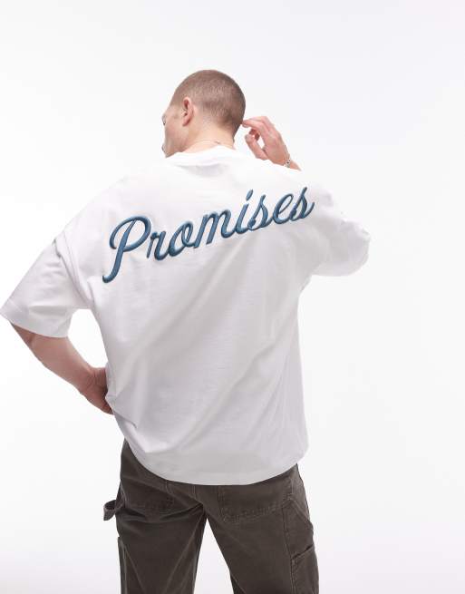 Topman - Extreem oversized T-shirt van zware stof in wit met geborduurde 'Promises' tekst in groen