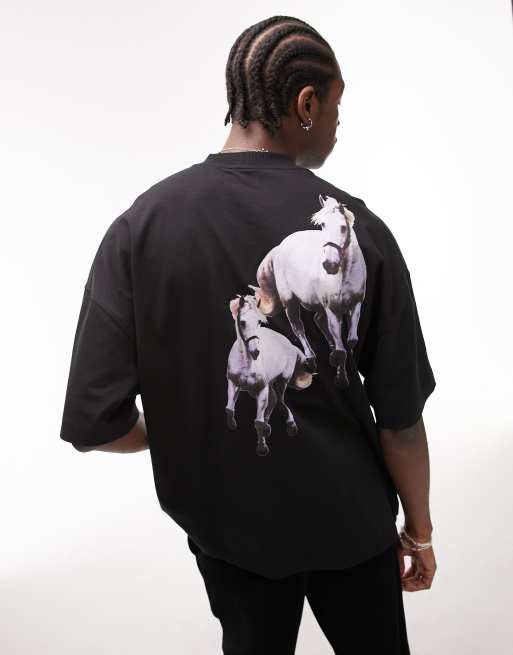 Topman – Extrem übergroßes T-Shirt aus hochwertigem Material in Schwarz mit Pferde-Print vorne und hinten