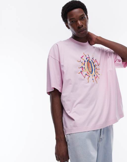 Topman – Extreme-Oversize-T-Shirt in verwaschenem Rosa mit Sonnen-Stickerei