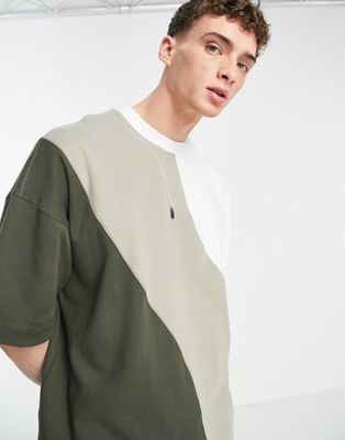 Topman Extreme Oversized cut and sew T-shirt in khaki-Multi