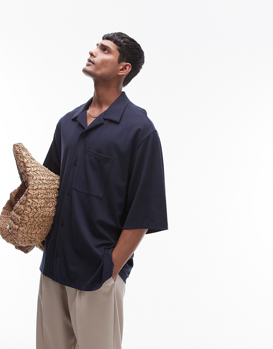 Topman Extreme Oversized Fit Button Up Jersey Polo In Navy