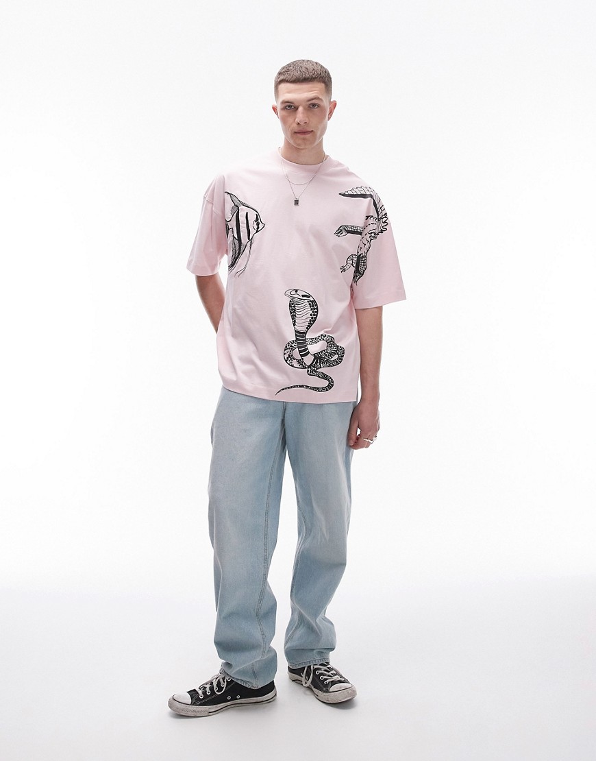 Topman extreme oversized fit t-shirt with animal embroidery in pink