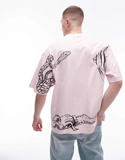 Topman extreme oversized fit t-shirt with animal embroidery in pink, 2 of 4