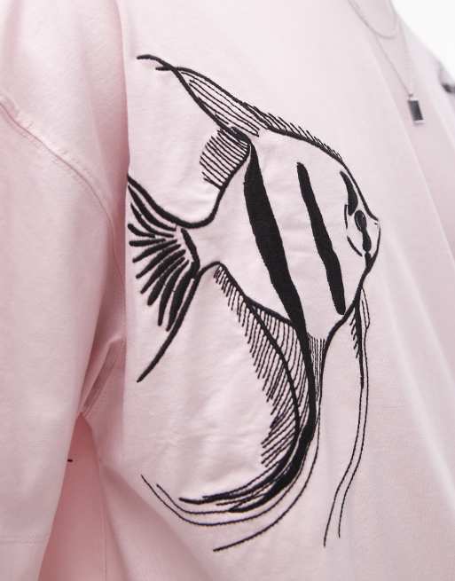 Topman extreme oversized fit t-shirt with animal embroidery in pink, 3 of 4