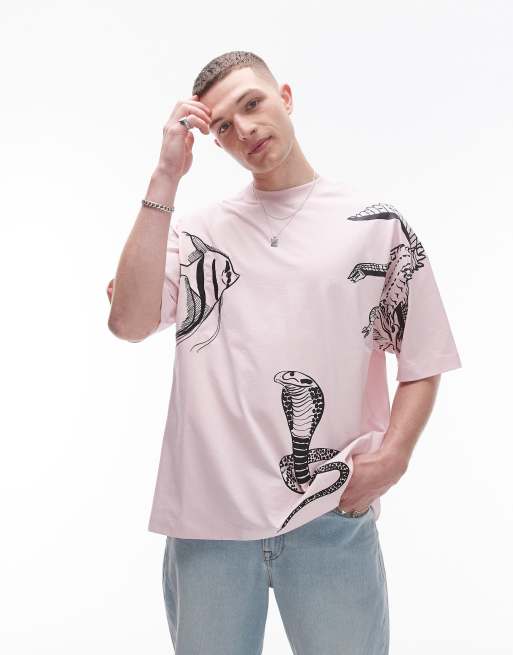Topman extreme oversized fit t-shirt with animal embroidery in pink, 4 of 4