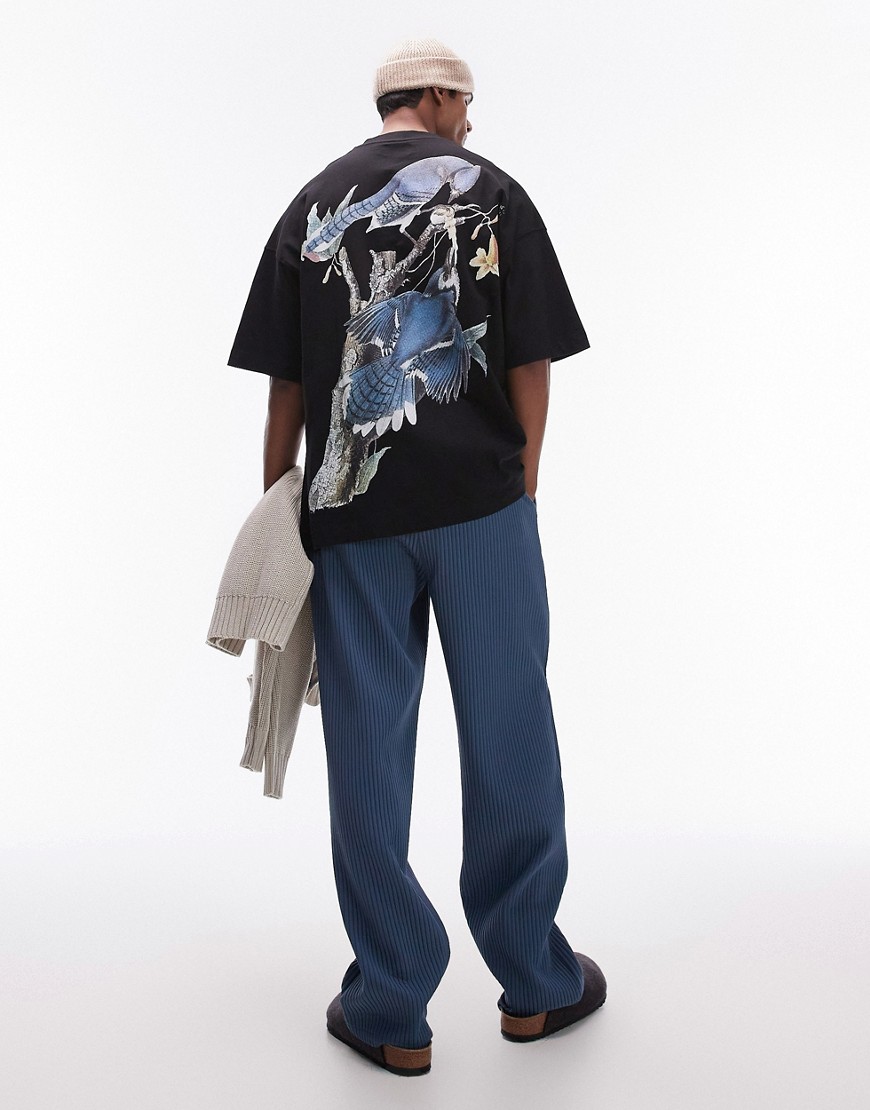 Topman extreme oversized fit t-shirt with front and back blue jay print in black