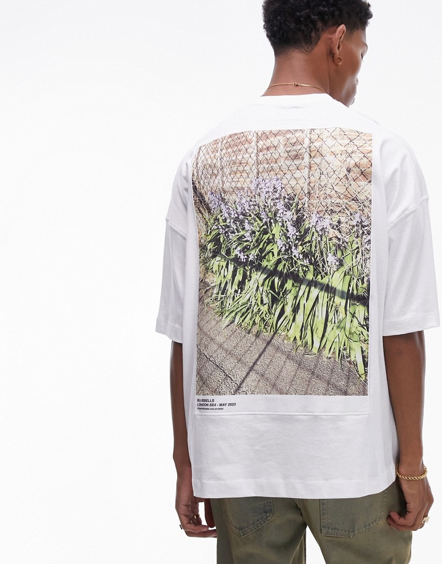 extreme oversized fit T-shirt with front and back bluebells patch print in white