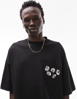 Topman extreme oversized fit t-shirt with front and back daisy collage print in black