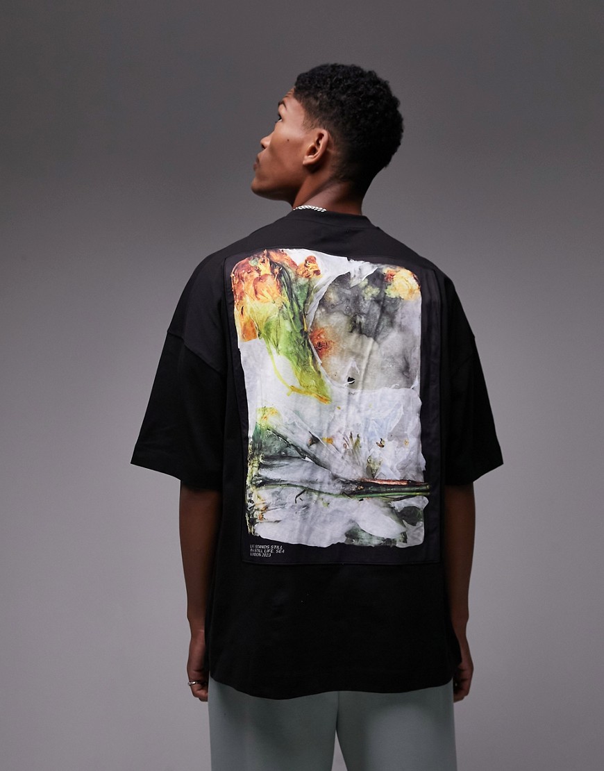 Topman extreme oversized fit t-shirt with front and back frozen flowers embroidered patch print in black