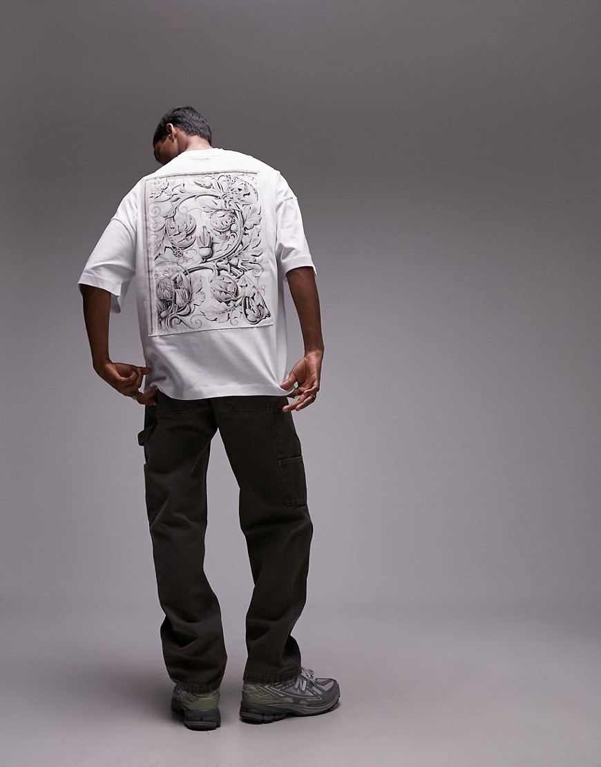 extreme oversized fit T-shirt with front and back ornate canvas patch in white