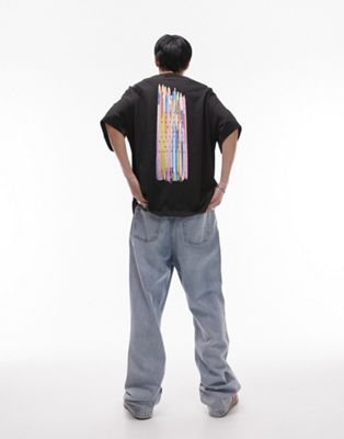 Topman extreme oversized fit t-shirt with front and back rainbow print in black