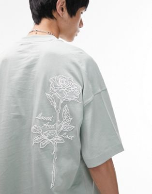 Topman extreme oversized fit t-shirt with front and back rose love embroidery in sage