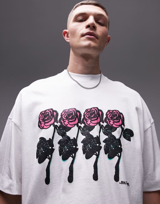 Topman extreme oversized fit t-shirt with front and back rose tattoo print in ecru