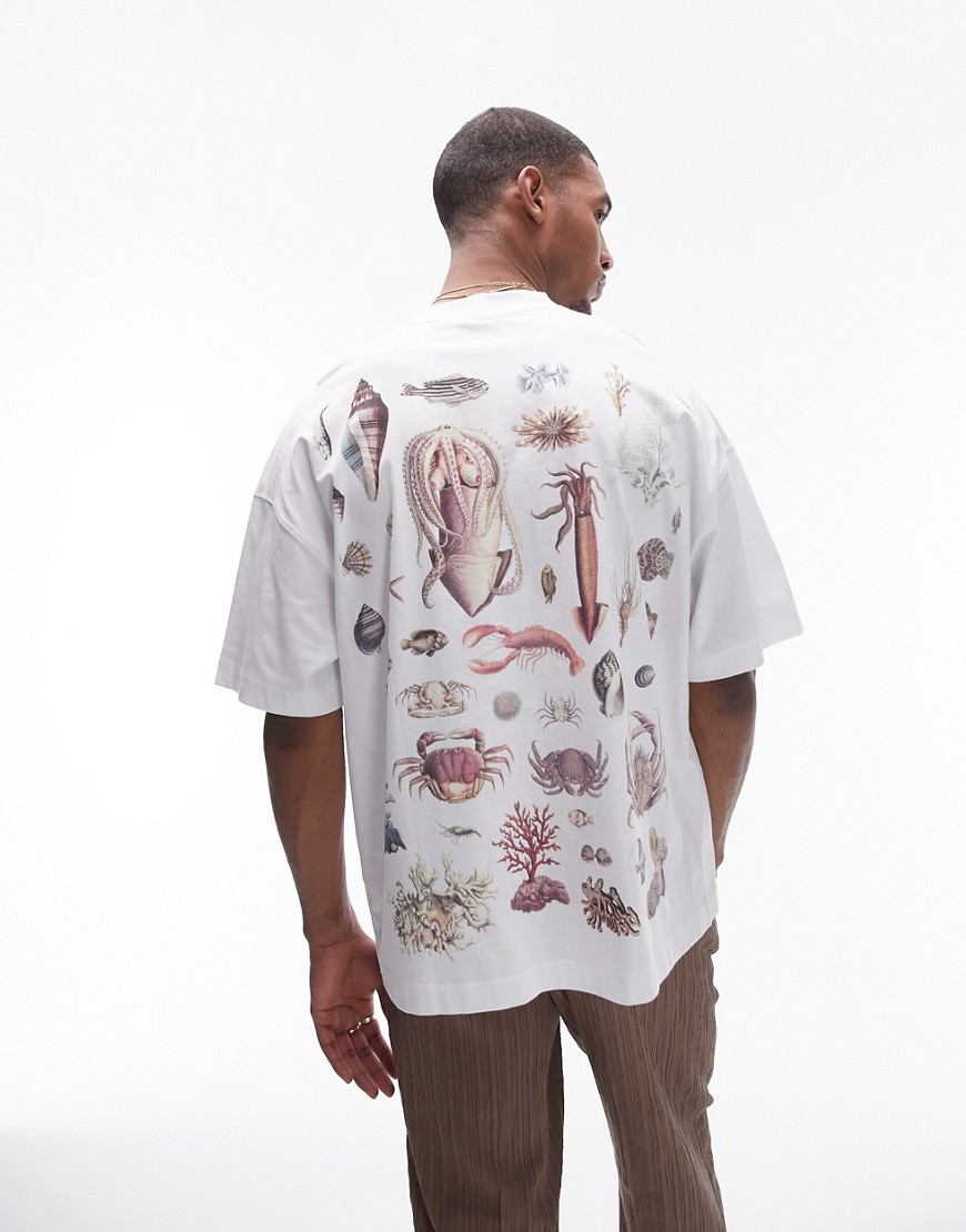 Topman extreme oversized fit t-shirt with front and back sea life print in white