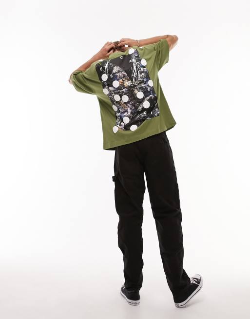 Topman extreme oversized fit t-shirt with front and back void print in khaki