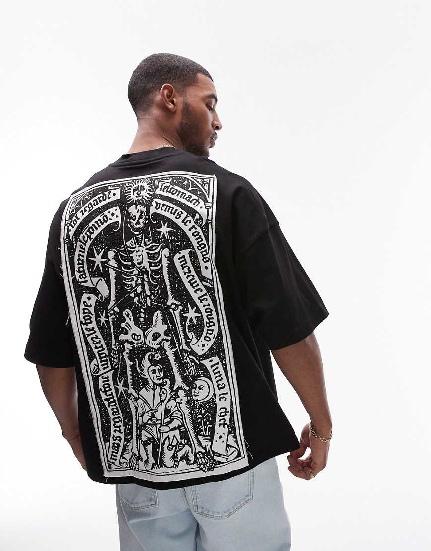 Topman extreme oversized fit t-shirt with front and back zodiac skeleton patch in black