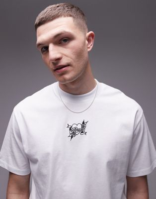 Topman extreme oversized fit t-shirt with heart and word embroidery in white