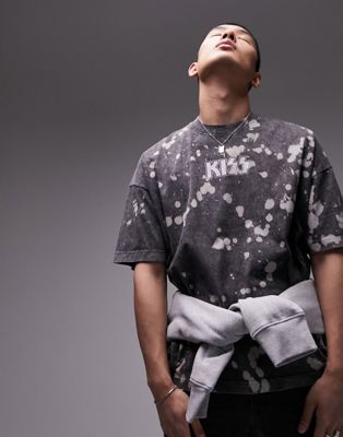 Topman extreme oversized fit t-shirt with Kiss band print in washed black
