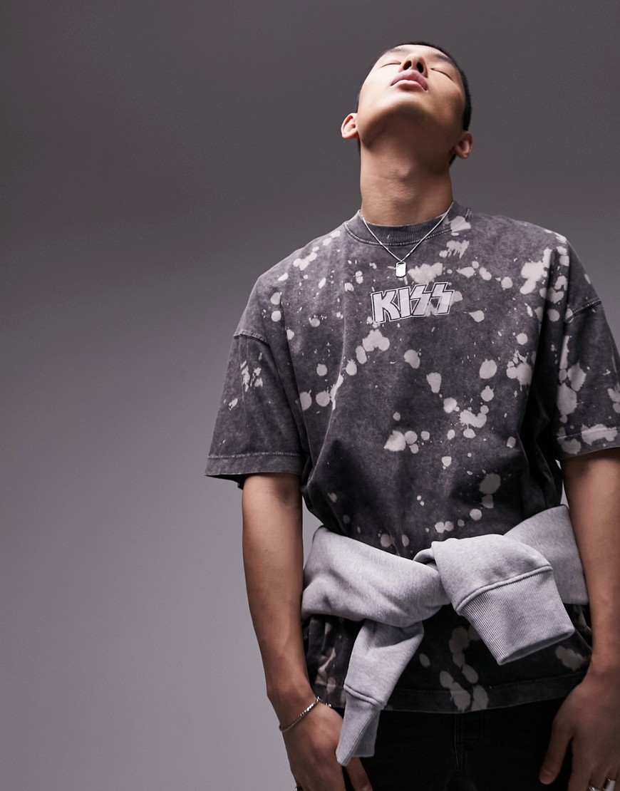 Topman extreme oversized fit t-shirt with Kiss band print in washed black