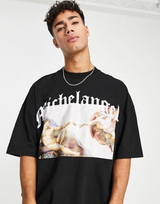 Topman extreme oversized fit t-shirt with Michelangelo box chest print in black