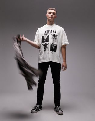 Topman extreme oversized fit t-shirt with Nirvana angel print in washed ecru