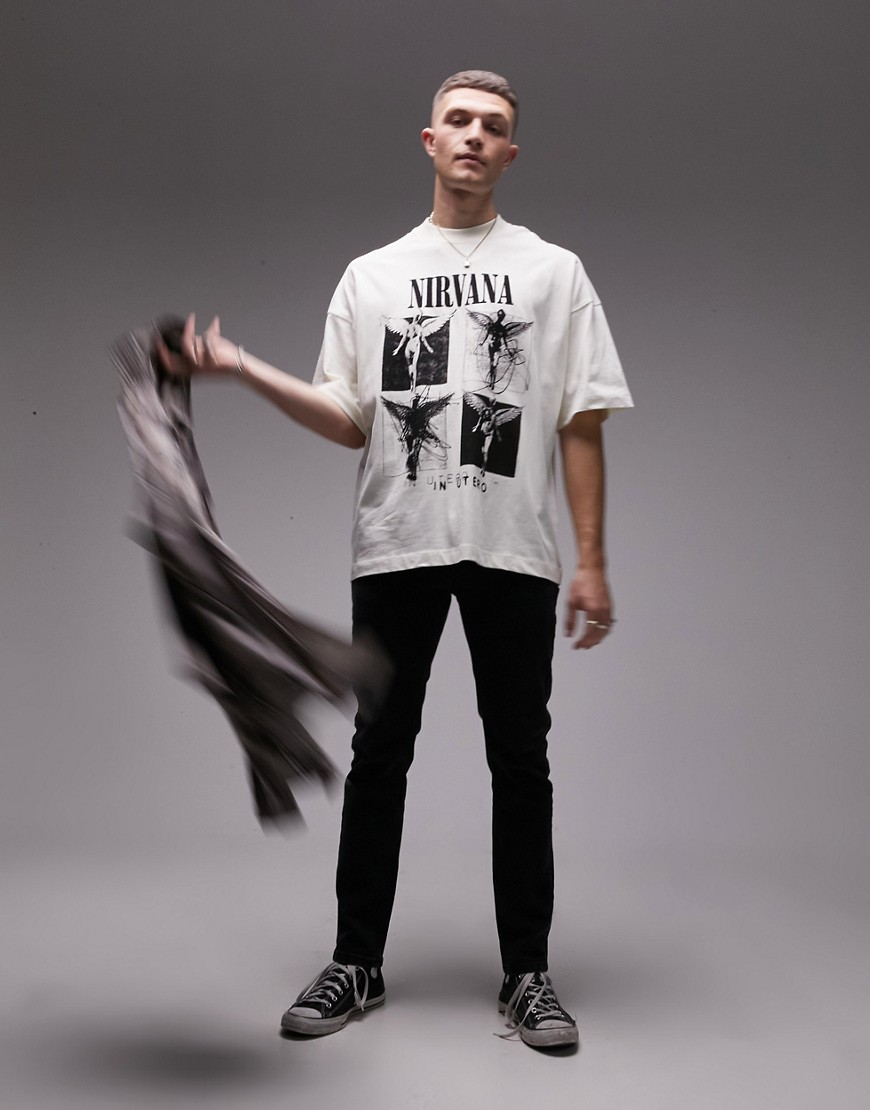 Topman extreme oversized fit t-shirt with Nirvana angel print in washed ecru-White