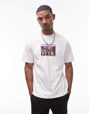 Topman extreme oversized fit t-shirt with photographic shop print in ecru