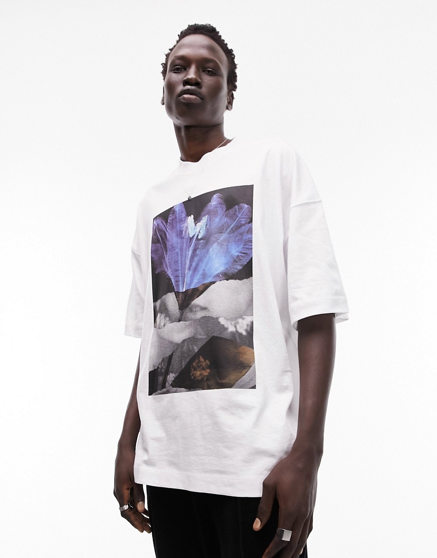 extreme oversized fit T-shirt with pressed flower print in white