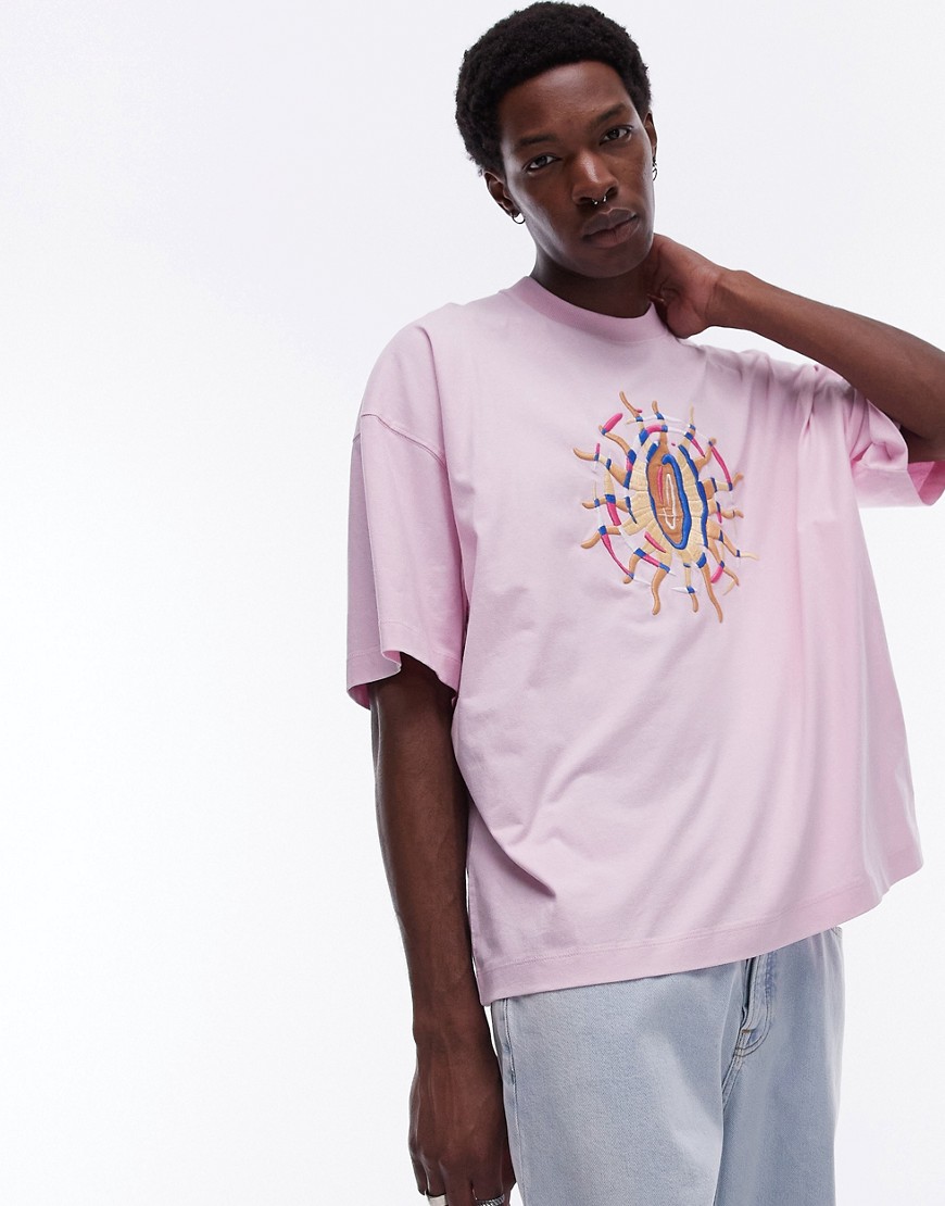 Topman extreme oversized fit t-shirt with sun embroidery in washed pink