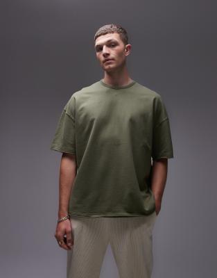 extreme oversized fit washed t-shirt with raw sleeve and hem in washed khaki-Neutral