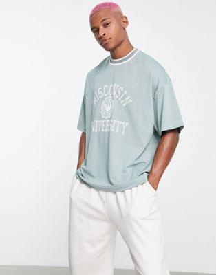 Topman extreme oversized mesh t-shirt with Wisconsin print in sage