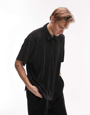 Topman extreme oversized plisse polo in black