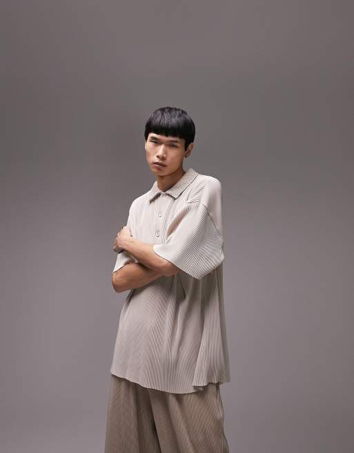 Topman extreme oversized plisse polo in stone