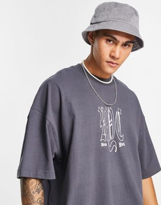 Topman extreme oversized t-shirt with NYC chest print in grey